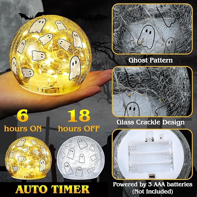 2 Pcs Halloween Decorations Indoor 4" Ghost Crackle Glass Globe Ball Lamp Night Lights with LED Timer Battery Operated Lighted Decorative Tabletop Decor for Table Home Centerpiece Party Gift