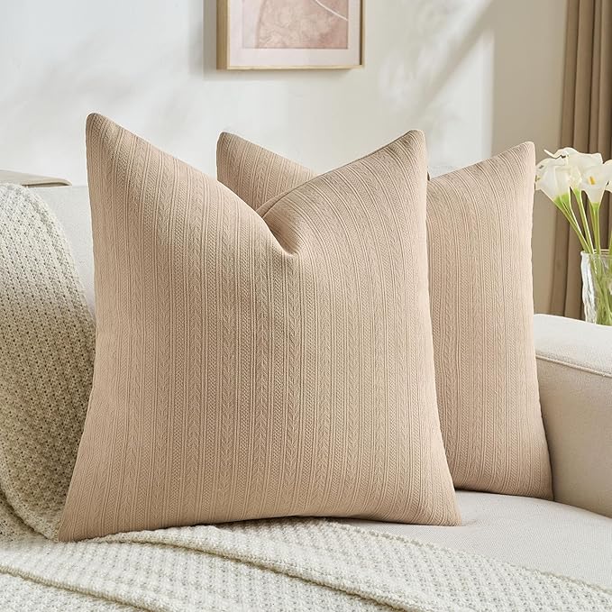 FUTEI Khaki Decorative Throw Pillow Covers 20x20 Inch Set of 2,Soft Cozy Wheat Ear Striped Patterns Cushion Cases,Modern Home Decor for Couch Bed Living Room