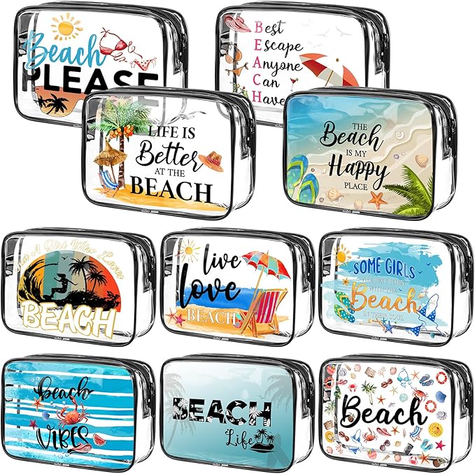 Kacctyen 10 Pcs Beach Clear Makeup Bags Gift for Women Clear Toiletry Bag Beach Cosmetic Bags Waterproof Travel Multifunction Pouch for Friend Sister Nurse Vacation Organization