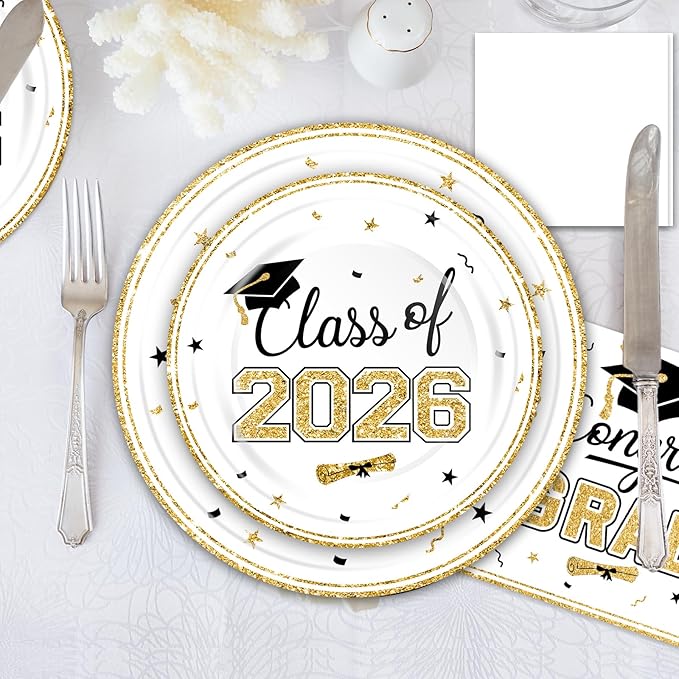 2026 Graduation Party Decorations Set - 200Pcs White Gold Class of 2026 Graduation Plates and Napkins Disposable Tableware for College High School Congrats Graduation Party Supplies, Serves 50