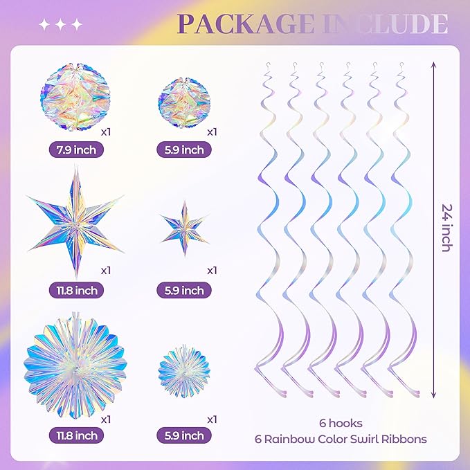 BTSD-home Iridescent Party Decorations with Hanging Honeycomb Ball Decorative Paper Fan Snowflake Garlands Ribbons Disco Party Wedding Birthday Graduation Christmas Celebration Decor Supplies