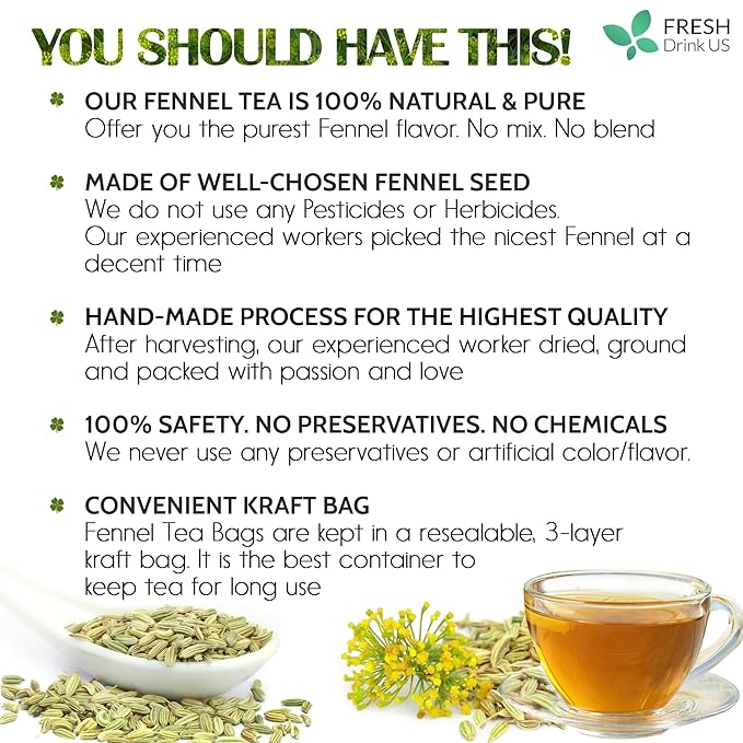 FreshDrinkUS, Premium 55 Fennel Tea Bags, 100% Natural & Pure from Fennel Seeds. Made with Natural Material Tea Bags. No Sugar, No Caffeine, No Gluten, Vegan.