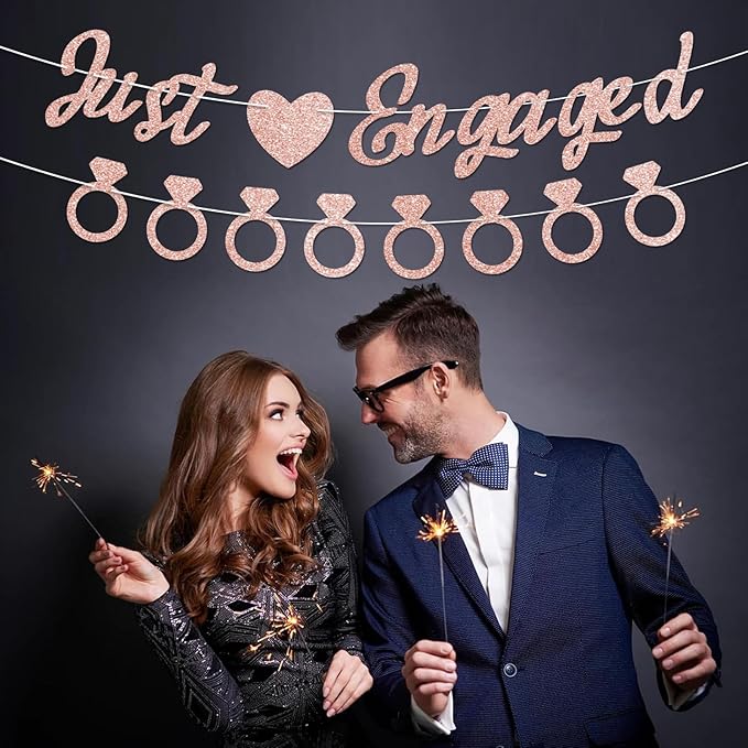 Just Engaged Banner, No DIY, Glitter Rose Gold Engagement Party Decorations and Diamond Ring Banner Sign for Bridal Shower Wedding Shower Bachelorette Party Decorations.