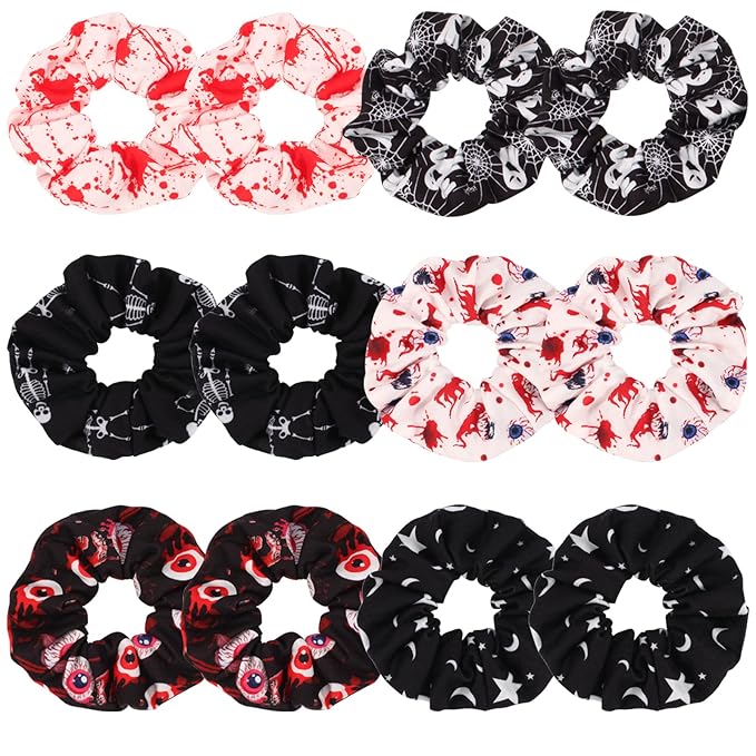 12PCS Halloween Blood Hair Scrunchies Spooky Horror Eyeball Skull Skeleton Moon Star Ghost Hair Ties for Women Girls Ladies Party Gifts
