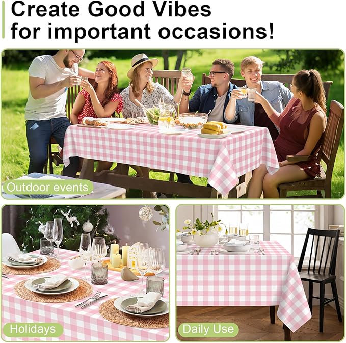 QIKSION Pink Gingham Tablecloth Disposable 2 Pack, 54 x 108 Inch Pink and White Checkered Table Cloth for Baby Shower, Easter, Mothers Day Decorations, Birthday Party, Rectangle, Plastic Table Cover