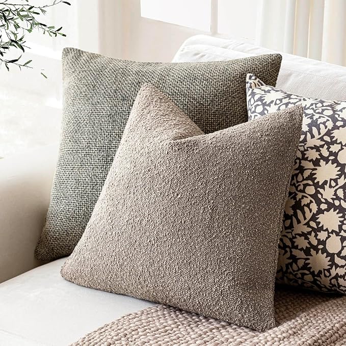 Foindtower Pack of 2, Decorative Textured Boucle Throw Pillow Covers Modern Accent Solid Pillow Cases Cozy Soft Couch Cushion Case for Chair Sofa Bedroom Living Room Home Decor 22x22 Inch Light Taupe