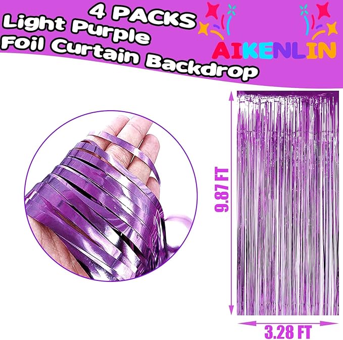 4 Pack Light Purple Foil Fringe Curtain Backdrop, 3.2Ft x 9.8Ft Metallic Tinsel Foil Fringe Streamers Curtains for Party, Photo Booth Props, Birthday, Wedding, Christmas Party Decoration Supplies