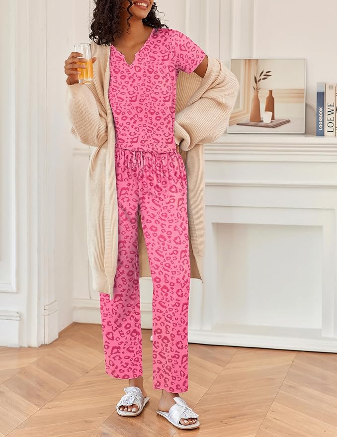 Ekouaer 2 Piece Womens Pajamas V Neck Short Sleeve Top and Long Pants Pjs Print Lounge Set Sleepwear