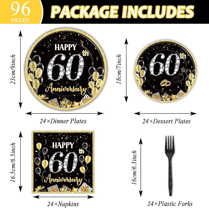 chiazllta 96 Pcs 60th Wedding Anniversary Party Paper Plate and Napkins Supplies Gold Black Disposable Tableware Anniversary Party Paper Plates Napkins Supplies for Party Favors 24 Guests