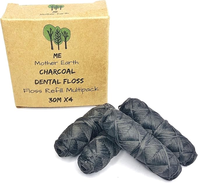 Vegan Biodegradable Bamboo Charcoal Dental Floss Refill Refill | Natural Candelilla Wax | 30M x4 | Peppermint Essential Oil | Eco Friendly Zero Waste Oral Care | 4 Pack
