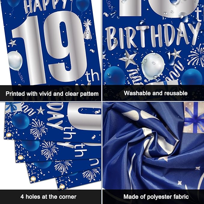 19th Birthday Decorations for Boys Men Girls, Blue Silver Happy 19th Birthday Decorations Boy with Bday Backdrop Banner Balloons Tablecloth Hanging Swirls Triangle Flag - 19 Year Old Party Supplies