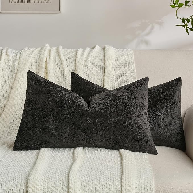 FUTEI Black Flannel Throw Pillow Covers 12x20 Inch Set of 2,Soft Dimensional Textured Lumbar Pillow Cases,Modern Home Decor for Couch Living Room