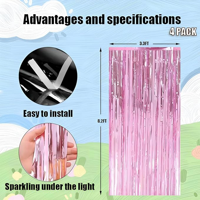 Valentines Day 3 Pack 3.3 * 8.3 ft Foil Curtain Metallic Tinsel Fringe Curtains Photo Booth Props Backdrop for Birthday Wedding Engagement Baby Shower Christmas Holiday Celebration Partyl,Pink