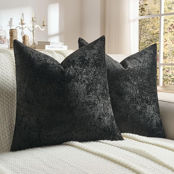 FUTEI Black Flannel Throw Pillow Covers 20x20 Inch Set of 2,Soft Dimensional Textured Cushion Cases,Modern Home Decor for Couch Living Room