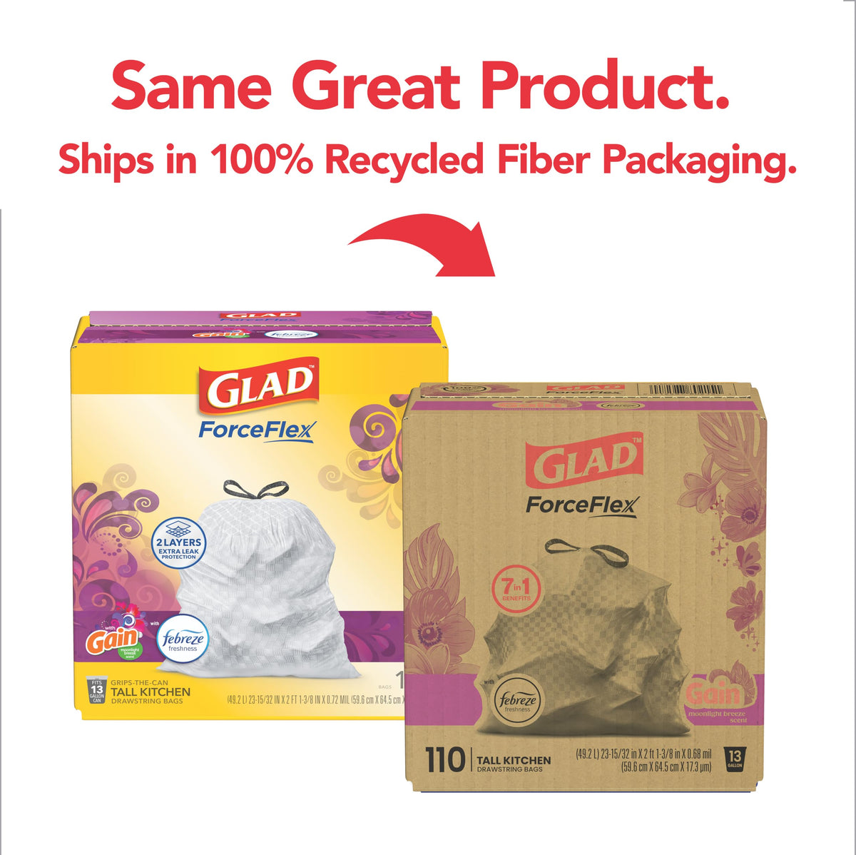 Glad ForceFlex Tall Kitchen Trash Bags, 13 Gallon, Gain Moonlight Breeze, 110 Ct (Package May Vary)