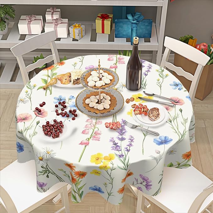 Spring Round Tablecloth Floral Circle Table Cloth 60 Inch Farmhouse Summer Wildflower Table Cover Washable Polyester for Home Kitchen Dinning Holiday Party Decor