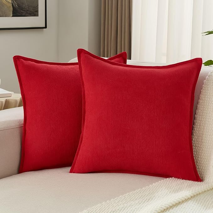 FUTEI Christmas Red Chenille Throw Pillow Covers 20x20 Inch Set of 2,Edges Double-Stitched Cushion Cases,Modern Home Decor for Couch Living Room