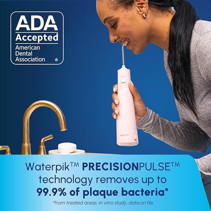 Waterpik Cordless Pulse Rechargeable Portable Water Flosser for Teeth, Gums, Braces Care and Travel with 2 Flossing Tips, Waterproof for Shower Use, ADA Accepted, WF-20 Pink, Packaging May Vary