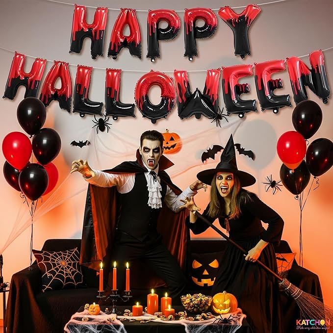 KatchOn, Happy Halloween Banner Balloons - 16 Inch | Red and BLack Foil Letters | Spooky Balloon Banner for Halloween Decorations indoor, Outdoor | Haunted House Decorations