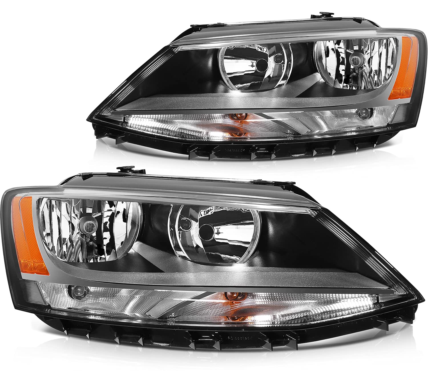 LSAILON Fit For Volkswagen For Jetta 2011-2018 Headlight Assembly Chrome Housing Amber Reflector Clear Lens Driver and Passenger