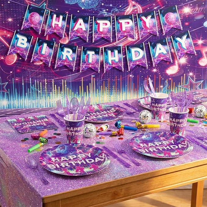 177 Pcs Birthday Party Supplies Set for 25, Music Theme Tableware with Banner and Tablecloth, 25 Plates, Dessert Plates, Cups, Napkins, Knives, Forks, Spoons, Concert Party Decor