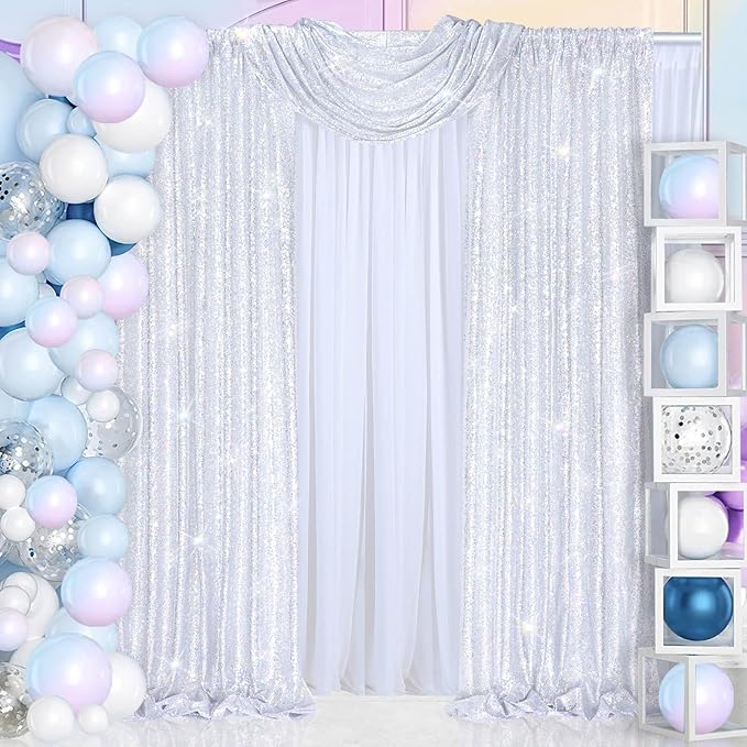 B-COOL 4 Panels Laser Silver Sequin Backdrop Curtains 2ftx8ft Disco Party Backdrop Fabric for Party Birthday Ceremony Backgroumd Decorations