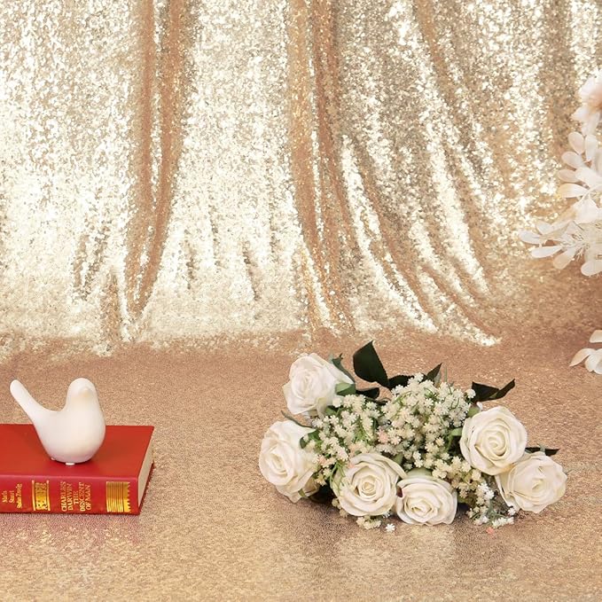 Juya Delight Light Gold Sequin Photography Backdrop Curtain for Party Banquet Festival Wedding Anniversary Exhibition,(6ft x 8ft，Light Gold)…