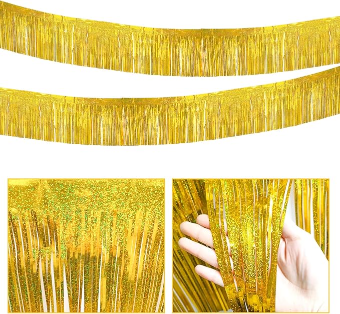 4 Packs 10 Feet Long Laser Gold Foil Fringe Garland Shiny Metallic Tinsel Table Skirts Wall Hanging Banner for Car Parade Birthday Parties Floats Wedding Baby Shower Bachelorette Garden Decorations