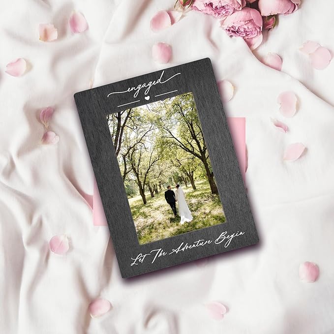 Engagement 4x6 Picture Frame, Wedding Photo Frames, Newly Engaged Gifts for Couples Bride Groom, Let the Adventure Begin Engagement Picture Photo Frames for Desk Decor