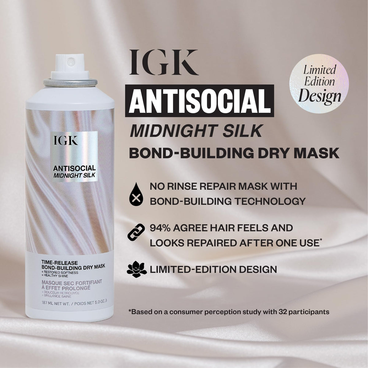 IGK Antisocial Midnight Silk Bond-Building Dry Hair Mask – No-Rinse Leave-In Treatment with Vegan Silk Protein – Limited Edition Design, 5 oz