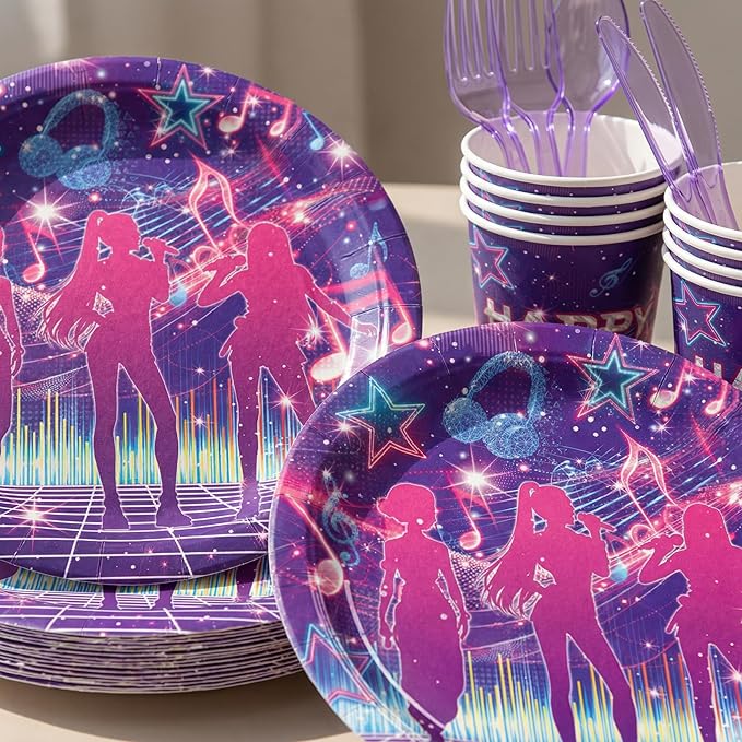 177 Pcs Birthday Party Supplies Set for 25, Music Theme Tableware with Banner and Tablecloth, 25 Plates, Dessert Plates, Cups, Napkins, Knives, Forks, Spoons, Concert Party Decor