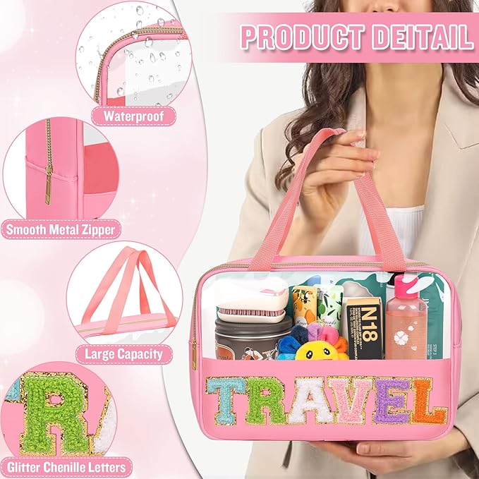 Preppy Clear Travel Makeup Bags with Chenille Letter Patches, Travel Essentials Large Clear Make up Bag Zipper Pouch with Handle, Waterproof Nylon Cosmetic Toiletry Storage Tote for Women(TRAVEL-Pink)