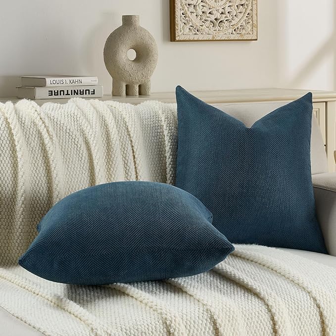 FUTEI Navy Blue Chenille Throw Pillow Covers 12x20 Inch Set of 2,Soft Wide Chevron Textured Lumbar Pillow Cases,Farmhouse Home Decor for Couch Bed Living Room