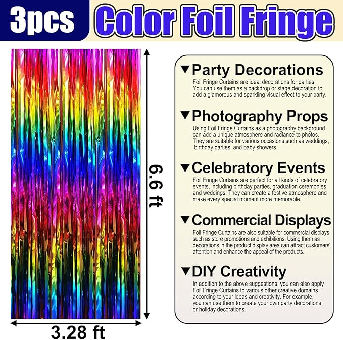 3 Pack Rainbow Foil Fringe Curtain Backdrop, 3.28Ft x 6.6Ft Metallic Tinsel Foil Fringe Streamer Curtains for Photo Booth, Christmas Day, Thanksgiving, Wedding, New Year Party Decorations