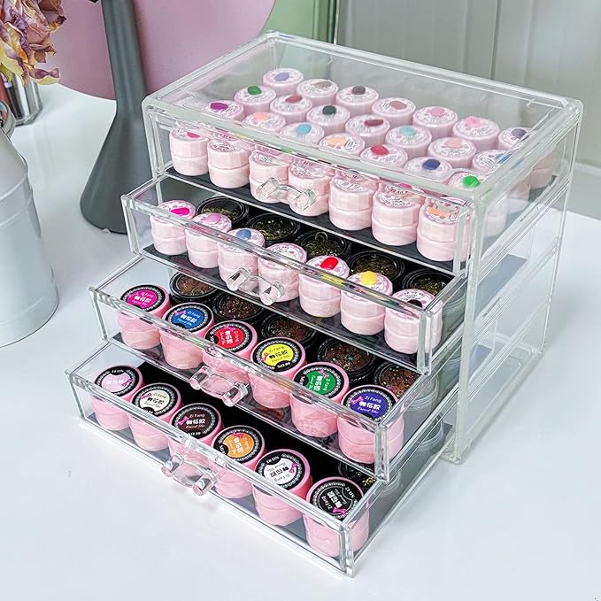 4 Tier Nail Art Decoration Storage Box，Acrylic Make Up & Jewelry Organizer with Drawers, Cosmetic Storage for Dresser Countertop and Bathroom，Beauty Holder for Lipstick Brush