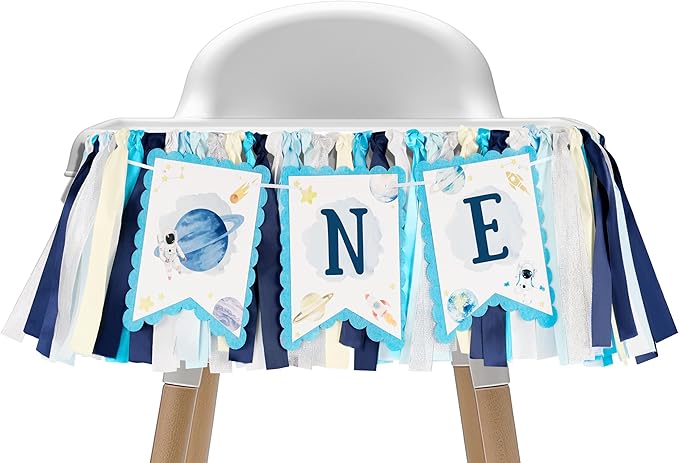 1st Birthday Outer Space High Chair Banner, First Trip Around the Sun Boy First Birthday Party Decor, Astronaut Rocket Space Theme High Chair ONE Banner