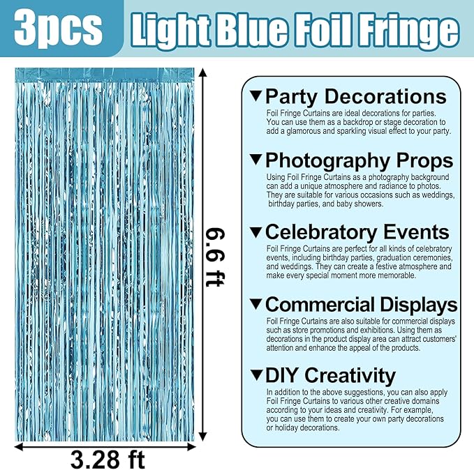 3 Pack Light Blue Foil Fringe Curtain Backdrop, 3.28Ft x 6.6Ft Metallic Tinsel Foil Fringe Streamer Curtains for Photo Booth, Christmas Day, Thanksgiving, Wedding, New Year Party Decorations