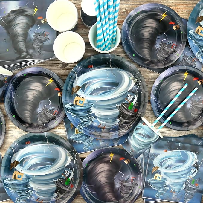 KEFAN Tornado Birthday Party Decorations, Tornado Theme Party Tableware Supplies including Plates, Cups, Napkins, Tablecloth (20)