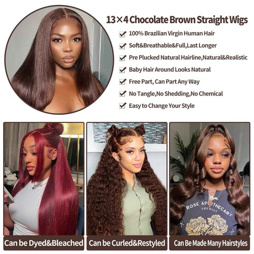 rilago 200 Density Brown Straight Lace Front Wigs Human Hair 20 Inch Chocolate Brown Human Hair Wig Straight 13x4 HD Transparent Lace Frontal Wigs Pre Plucked 4# Colored Wig
