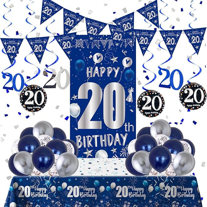 20th Birthday Decorations for Men Boys, Blue Silver Happy 20th Birthday Decorations Boys Girls with Bday Backdrop Banner Balloons Hanging Swirls Triangle Flag, 20 Year Old Party Supplies for Him