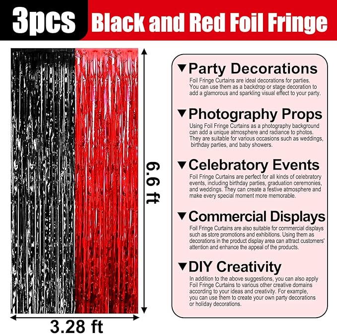 3 Pack Black Red Foil Fringe Curtain Backdrop, 3.28Ft x 6.6Ft Metallic Tinsel Foil Fringe Streamer Curtains for Photo Booth, Christmas Day, Thanksgiving, Wedding, New Year Party Decorations