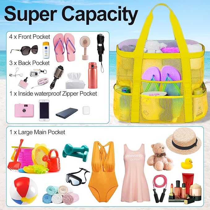 Mesh Beach Bags for Family - Women Beach Tote Bag for Toys, Towels, Travel Vacation Cruise Essentials