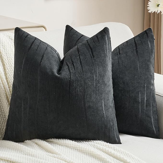 FUTEI Black Chenille Decorative Throw Pillow Covers 20x20 Inch Set of 2,Soft Embossed Striped Textured Cushion Case,Modern Home Decor for Couch Bed Living Room