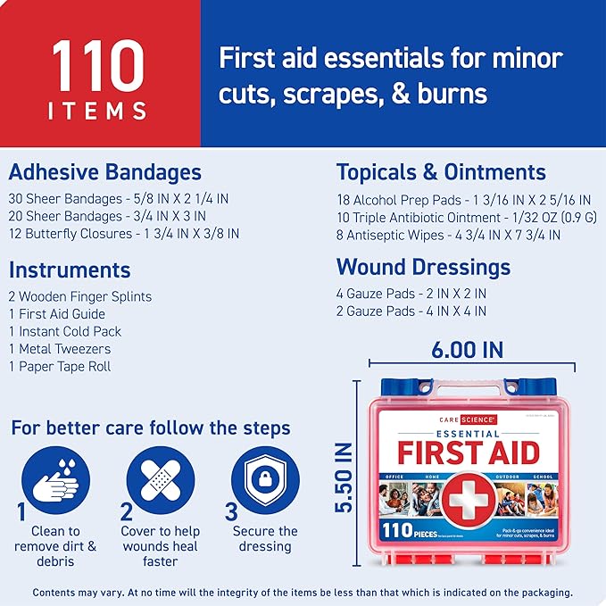 Care Science First Aid Kit, 110 Pieces | Professional Use for Travel, Work, School, Home, Car, Emergency, Survival, Camping, Hiking, and More