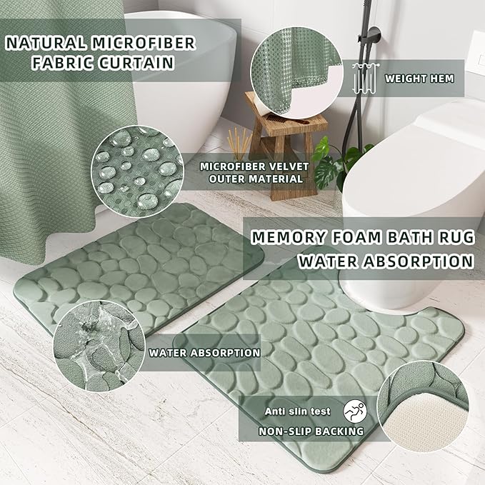 Bathroom Accessories Set - 25PC Sage Green Bathroom Set, Bathroom Set with Shower Curtain and Rugs, Sage Green Shower Curtain Set, Bathroom Accessory Set, Trash Can & Soap Dispenser