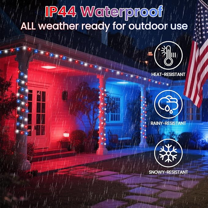 2 Pack Red White and Blue Battery Operated Fairy Lights, 66FT 200LED 4th of July String Lights with Timer, 8 Modes Waterproof Patriotic Twinkle Light Indoor Outdoor for Independence Day Memorial Day