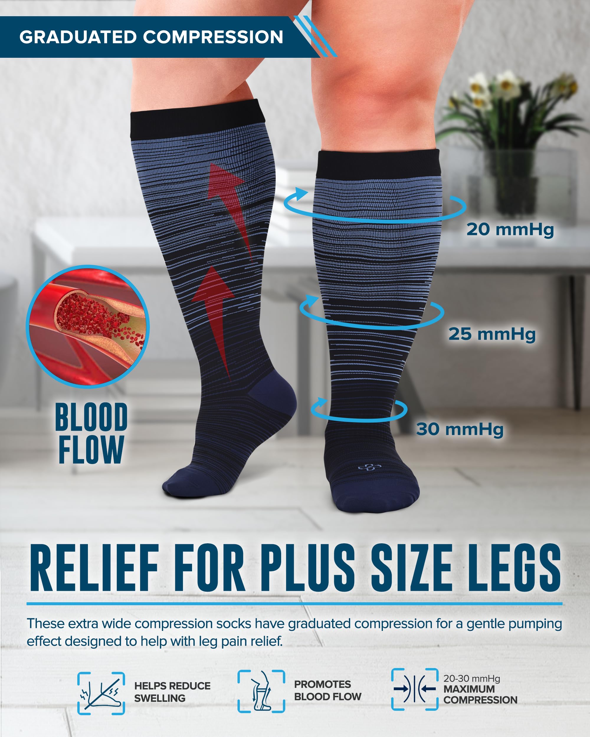 Doctor's Select® 3 Pairs Plus Size Compression Socks Wide Calf - Up to 6XL | 20-30 mmHg Compression Socks for Women Wide Calf | Line Patterns 2