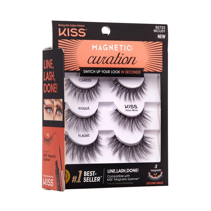 KISS Magnetic Curation False Eyelashes, 3 Pair with 5 Double Strength Magnets, Wind Resistant, Dermatologist Tested, Last Up To 16 Hours, Reusable Up To 15 Times in 3 Styles, Black, 3 Count