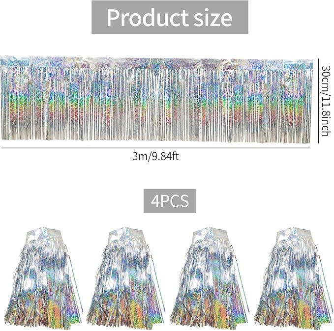 4 Packs 10 Feet Long Laser Silver Foil Fringe Garland Shiny Metallic Tinsel Wall Hanging Banner for Car Parade Birthday Parties Floats Wedding Baby Shower Ceremonies Bachelorette Garden Decorations