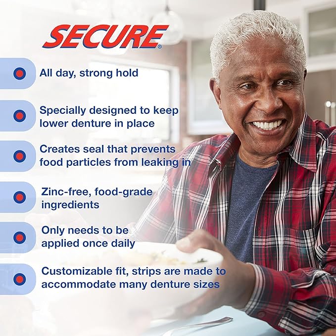 Secure Denture Adhesive Strips – Zinc Free – Waterproof – Comfortable Cushion Fit for Lowers – Extra Firm All-Day-Hold – No Mess – Clean Ingredients - 30 Strips (2 Pack)